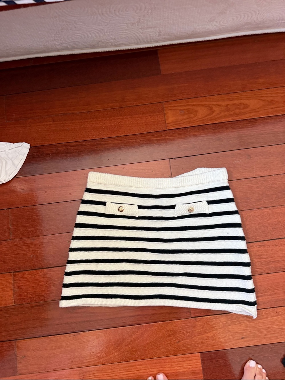 H&M Black & White Striped Knit Mini Skirt with Gold Buttons
